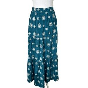 Pink Lily Size Small Lined Tiered Maxi Skirt Green Embroidered